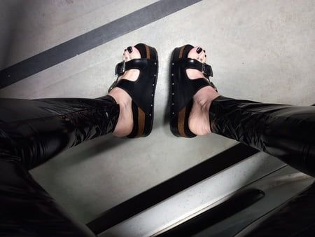 latex leggings and platform sandals