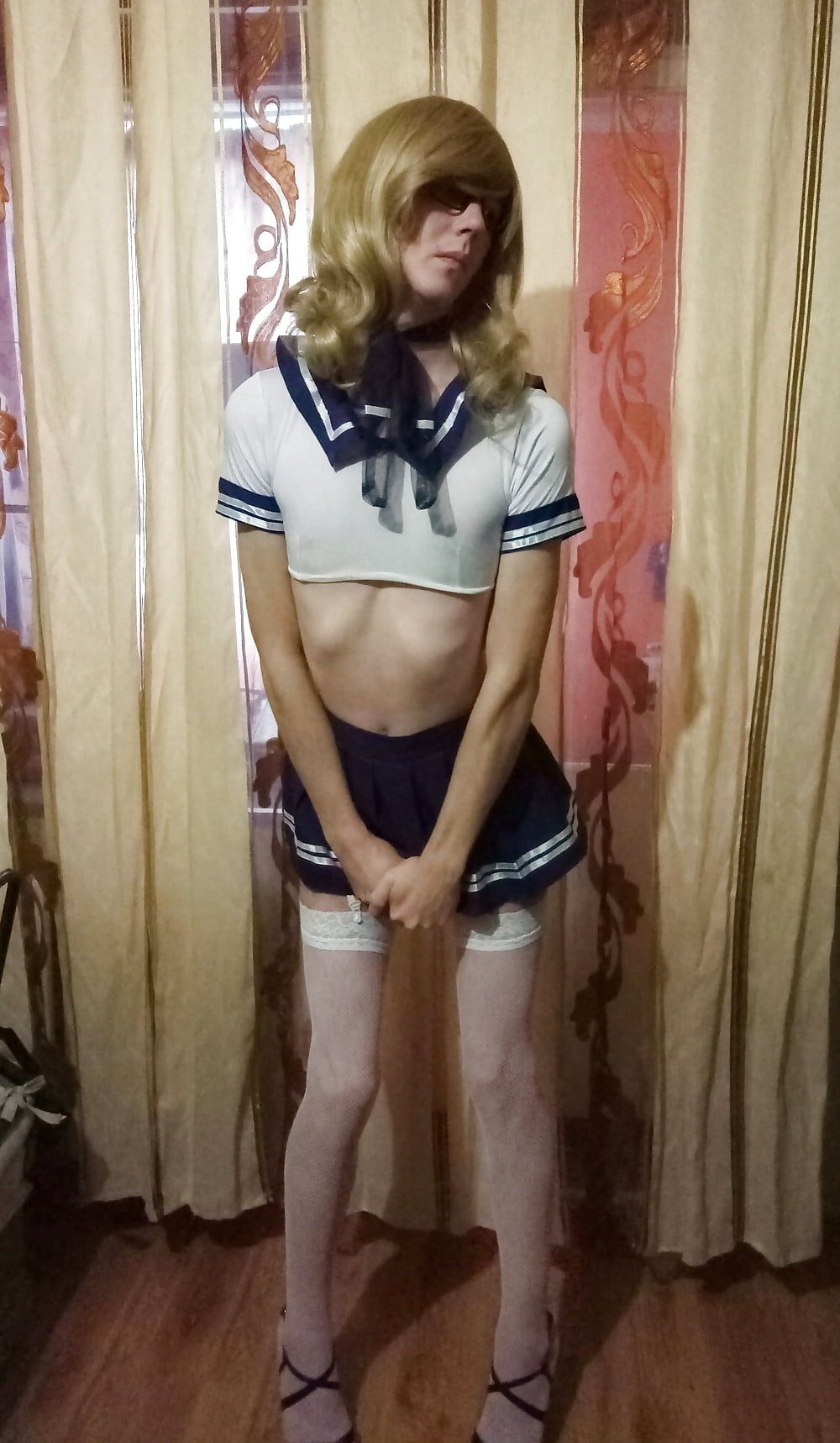 School Sissy Girl Shemale Skirt Stokings Blonde Asshole #24