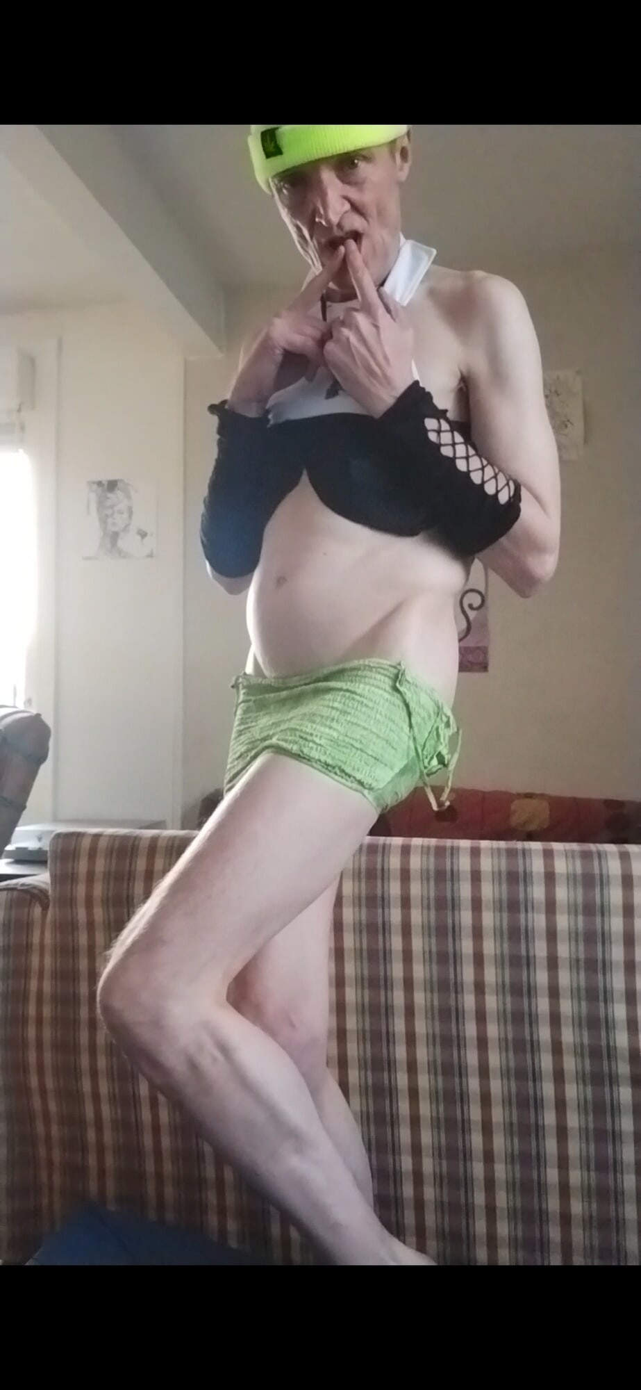 Beautiful slut in a mini skirt, stockings, bra and...!!...