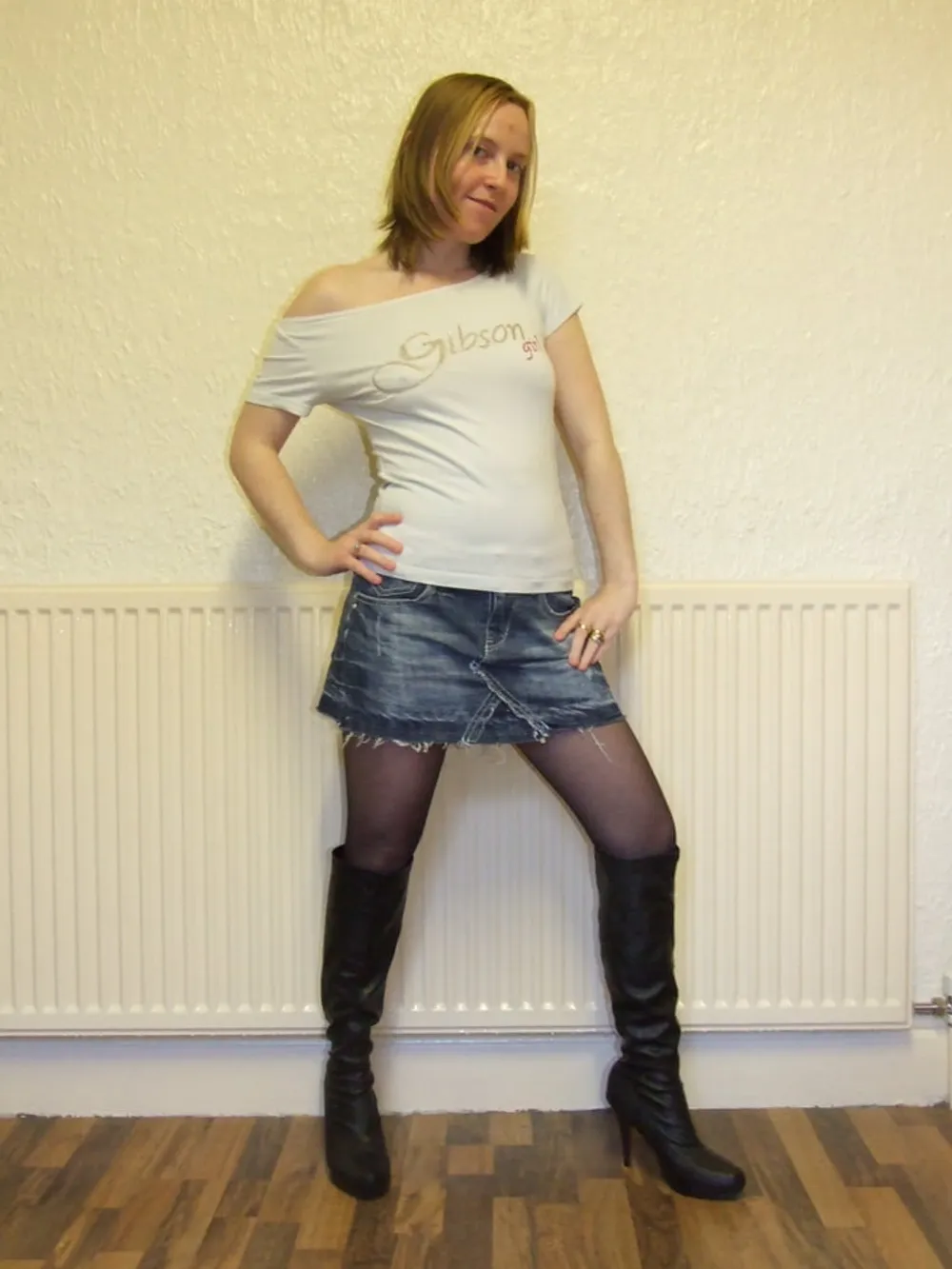 Pantyhose Denim Miniskirt tight top and Boots #6