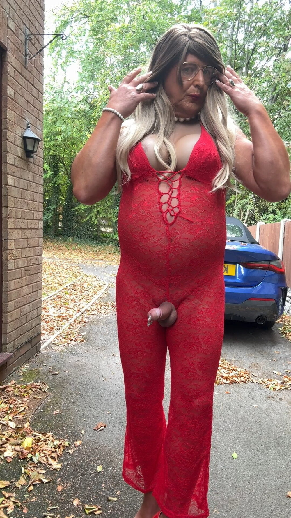 Sexy Crossdresser kellycd2022 in red lace jumpsuit and heels #34
