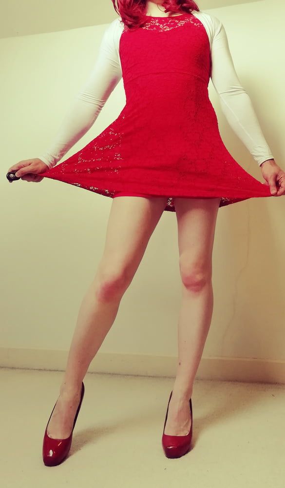 Marie crossdresser in red dress and opaque tights #10