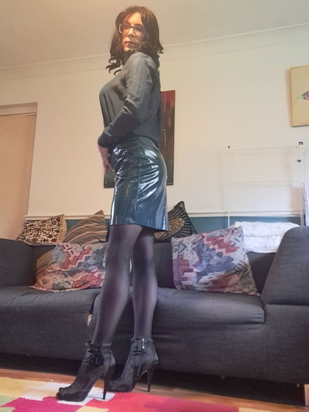 Danni in a latex skirt, sexy lingerie and seamless pantyhose #5