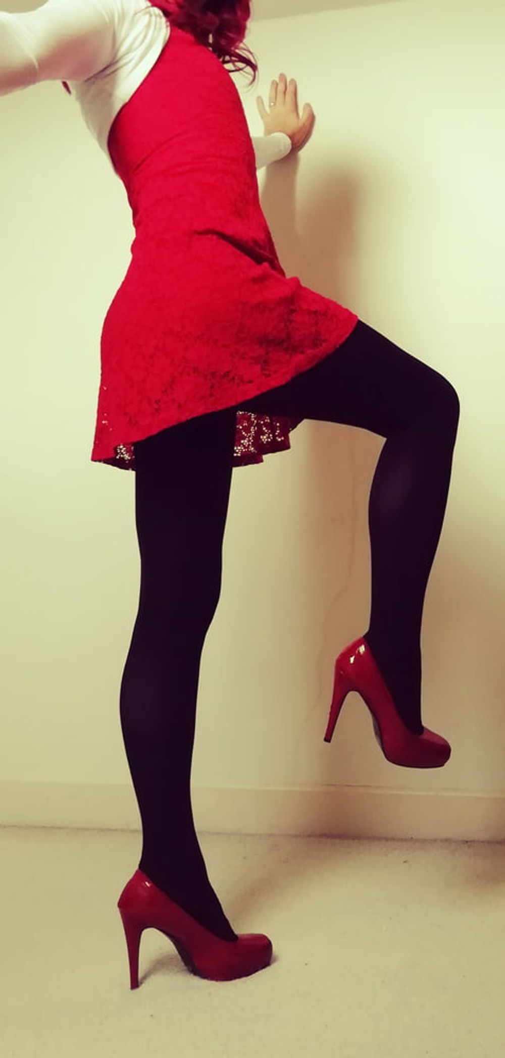 Marie crossdresser in red dress and opaque tights #20