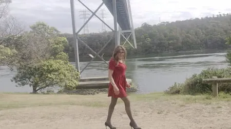 crossdess road trip red dress follow the river         