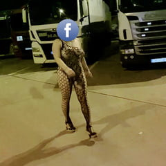BIG TITS model outdoor walk at a truck stop