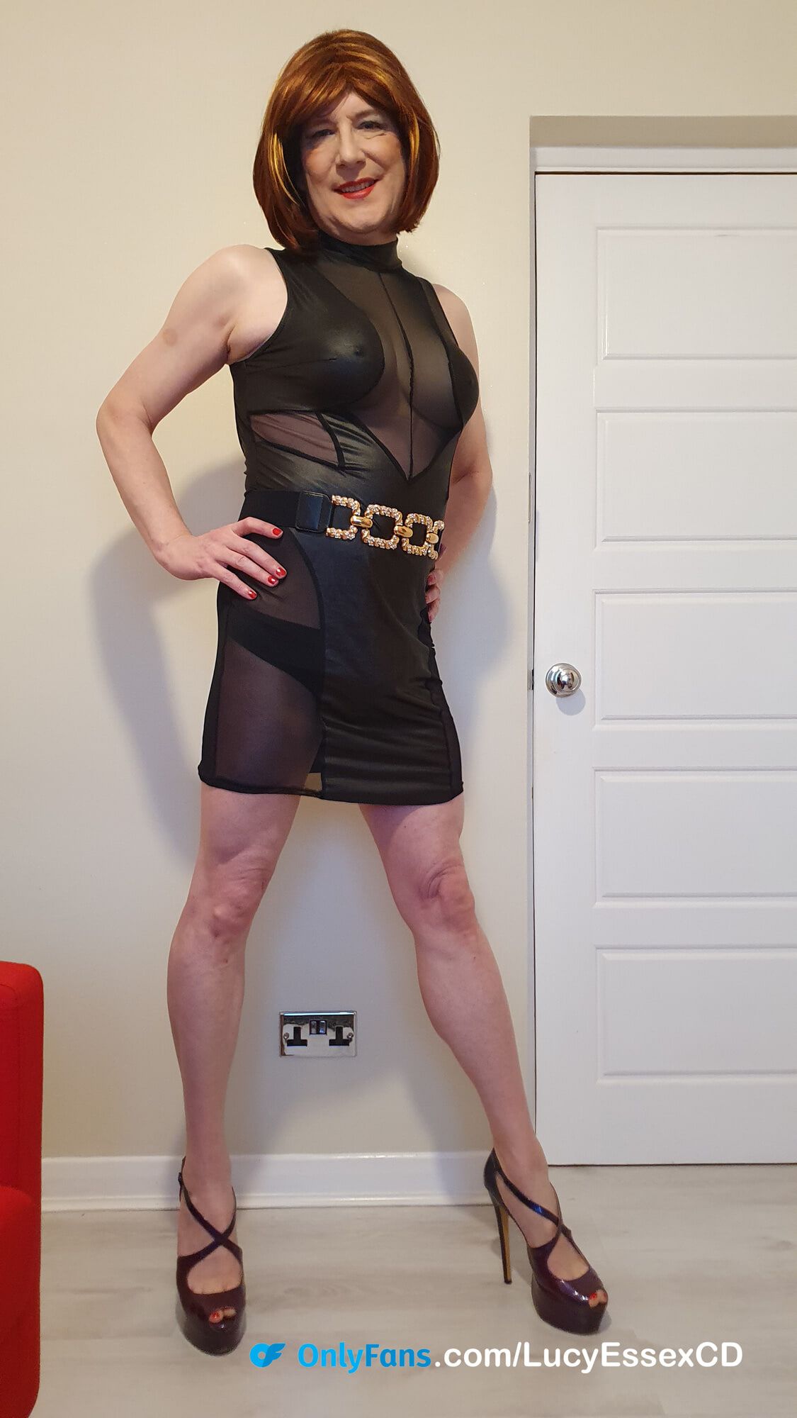 Big Cock TGirl Lucy in black mesh panel minidress