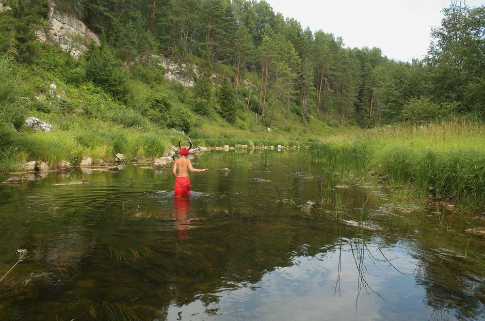 With Horns In Red Dress In Shallow River #8