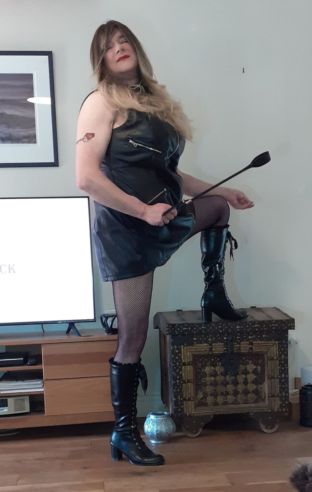 crossdressed in black leather dress #27