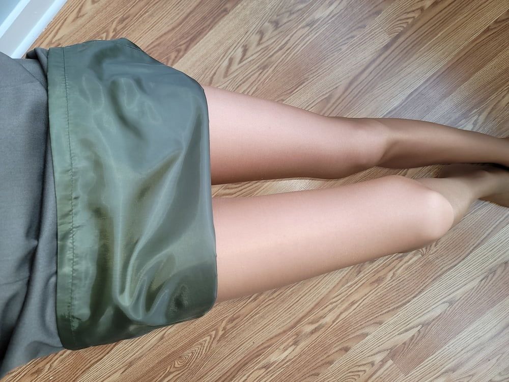 Lined green office pencil skirt with glossy pantyhose  #31