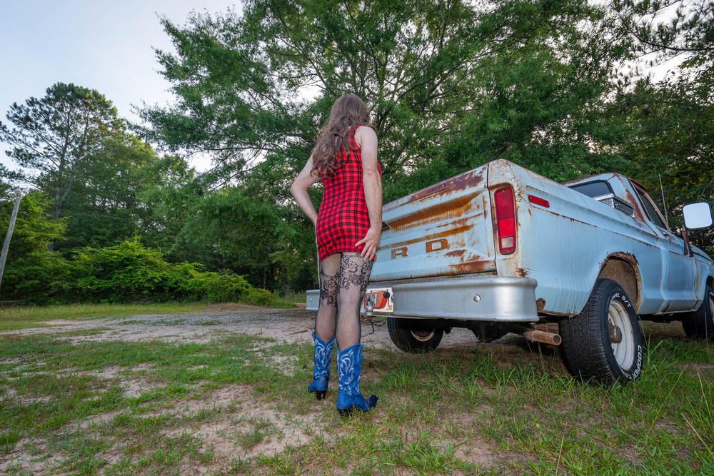 Jon Scarecrow Big Fake tits Crossdresser in Snug Plaid Dress #2