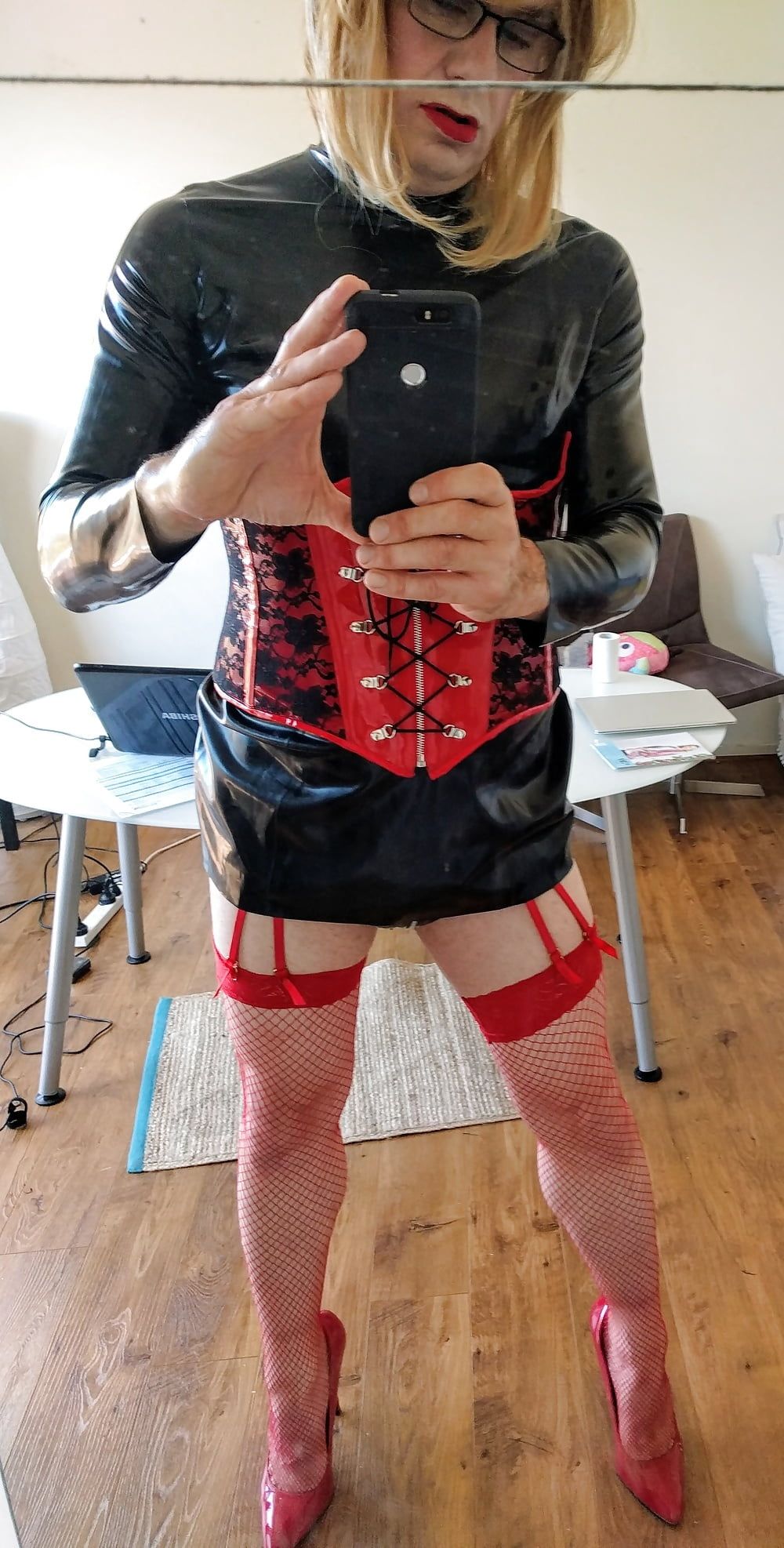 Red fishnets and hot corset combo #9