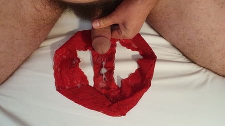 Cum on the red panties of my girlfriend 