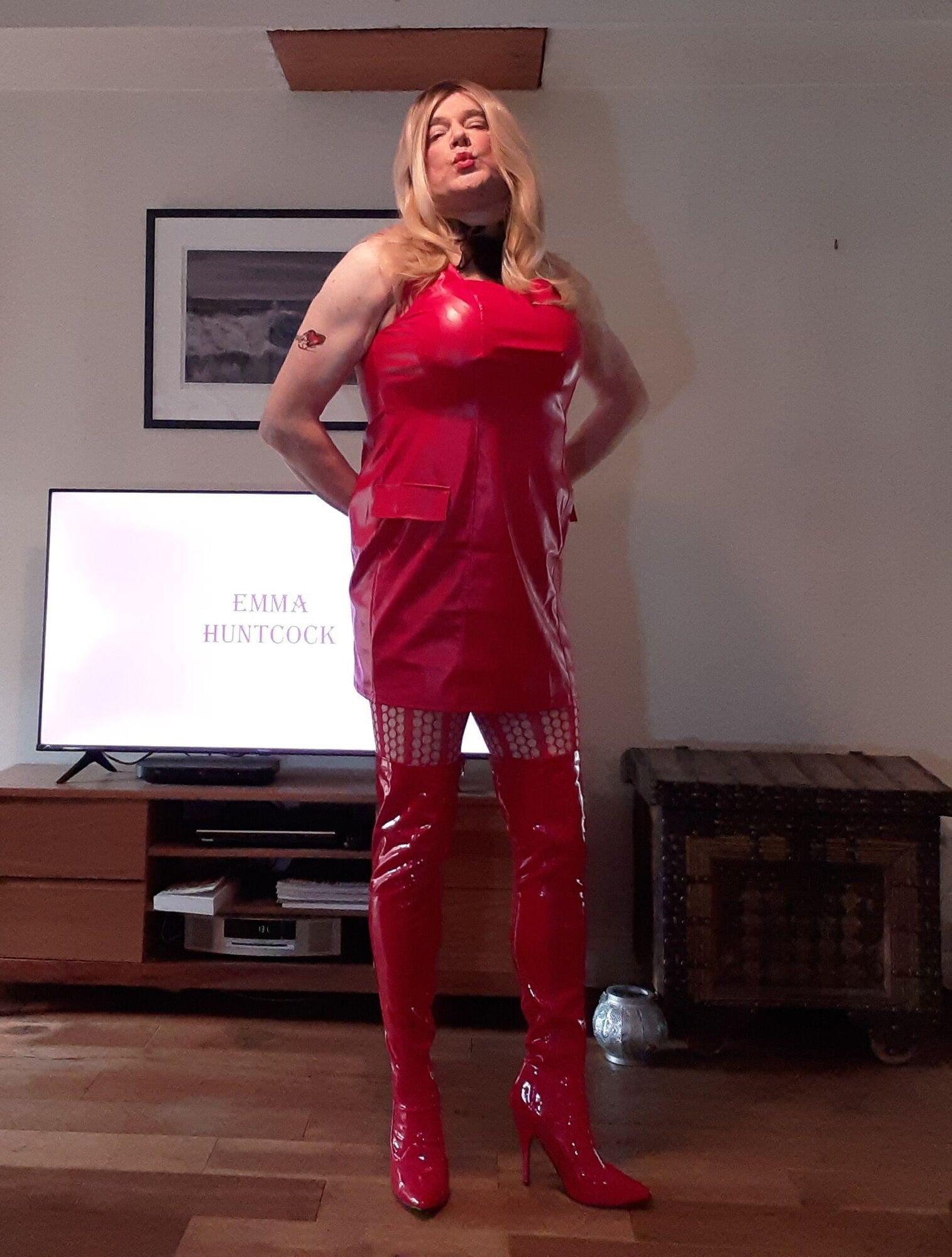 sissy in red lingerie and thigh boots #2