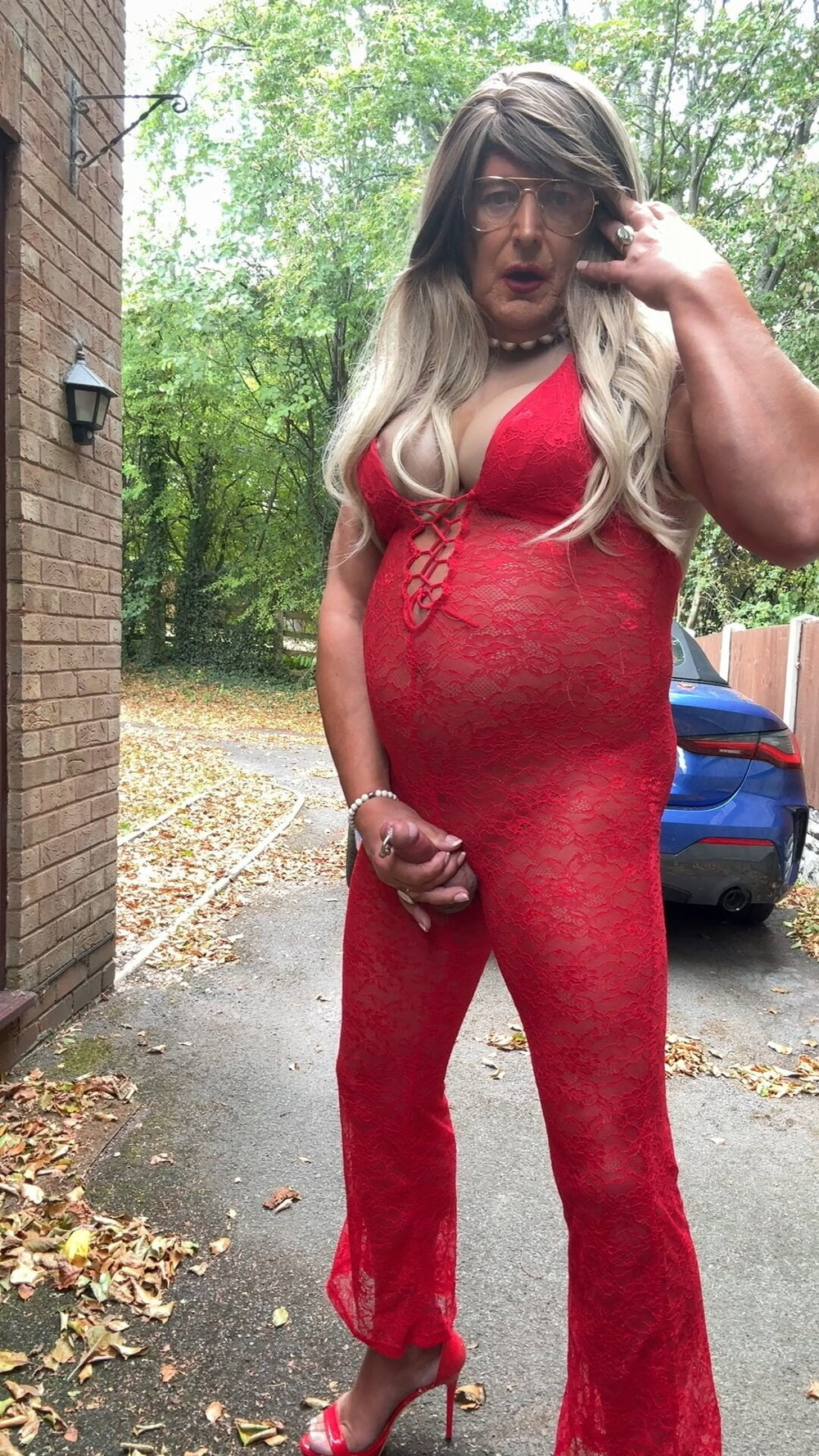 Sexy Crossdresser kellycd2022 in red lace jumpsuit and heels #59