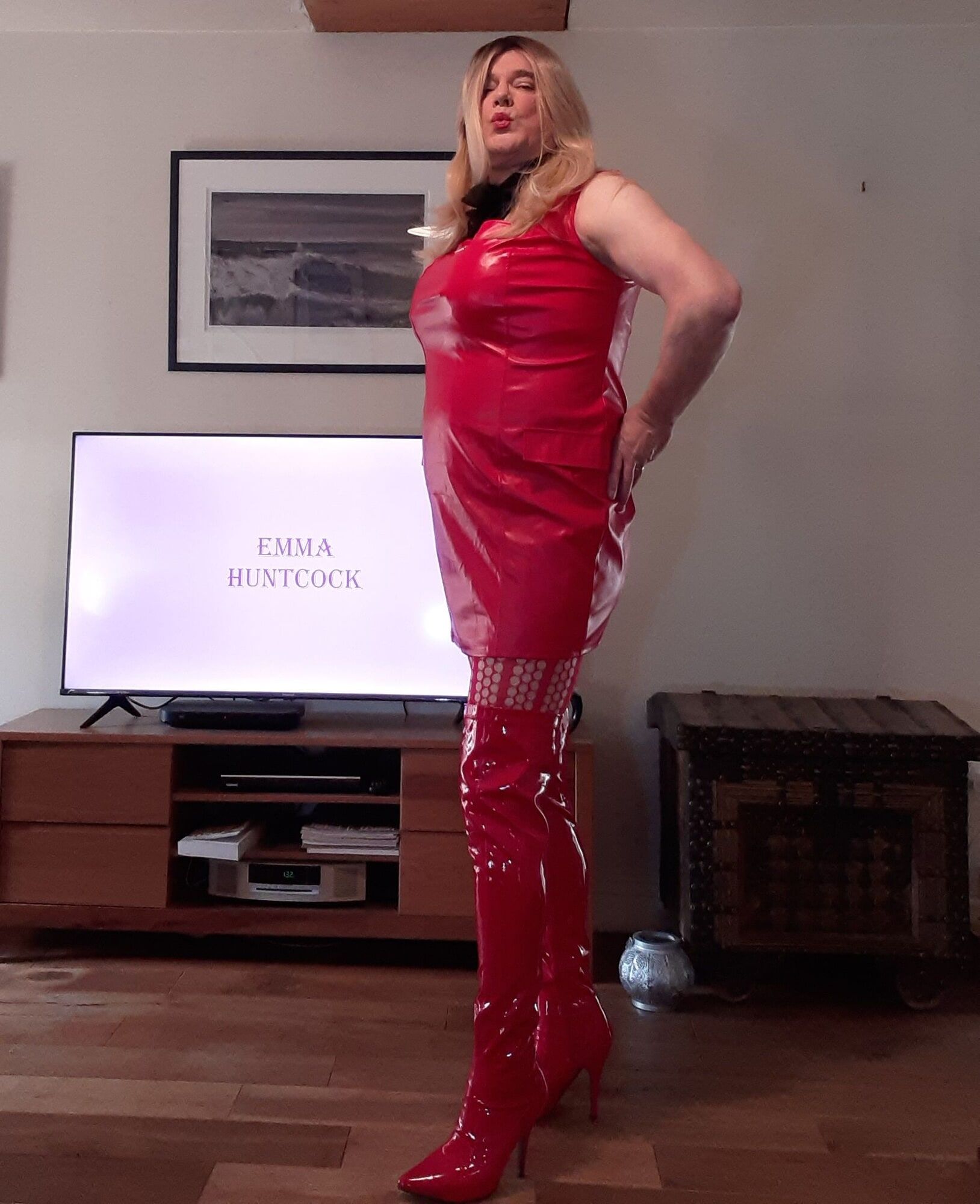 sissy in red lingerie and thigh boots #5