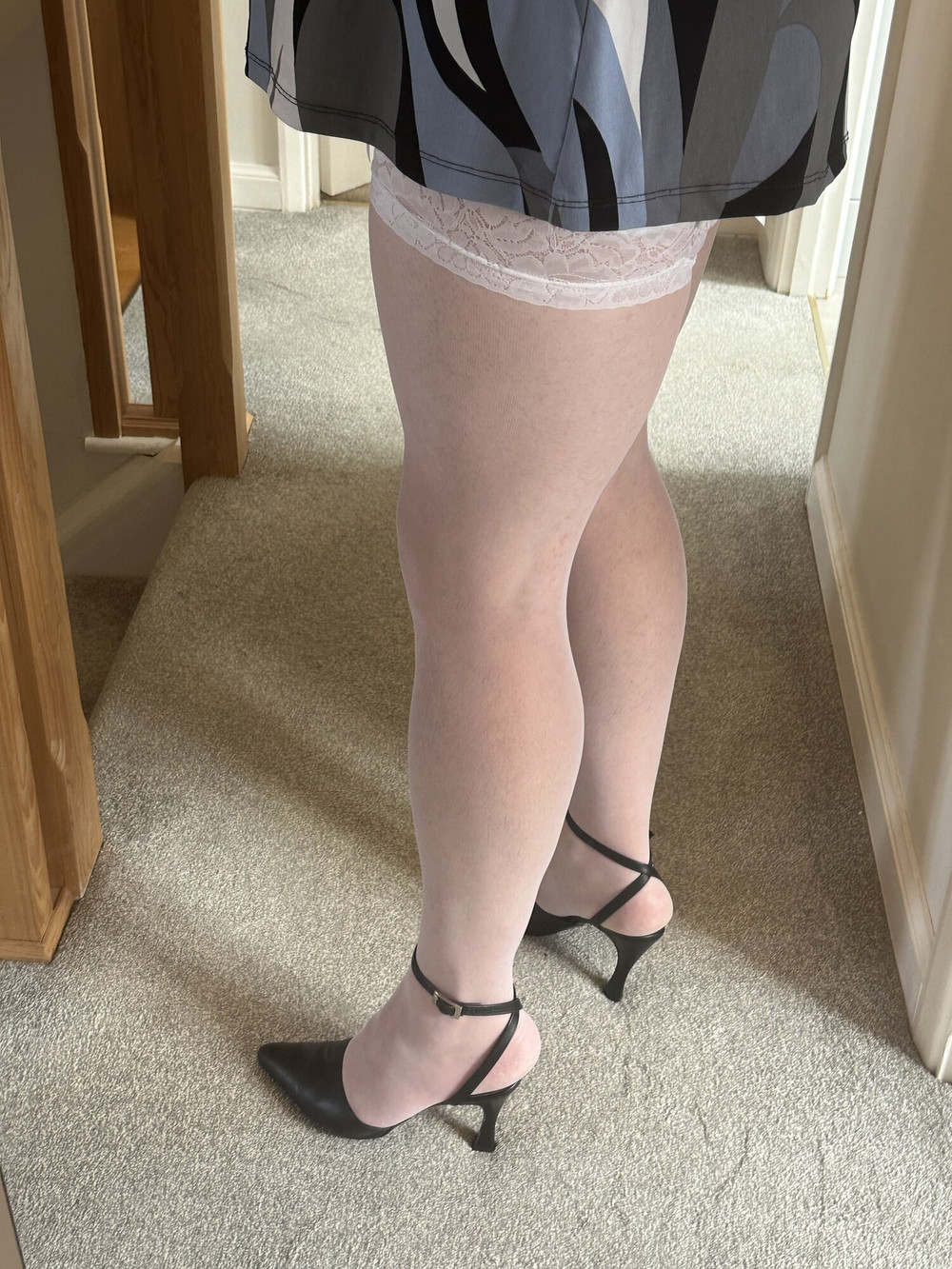 Crossdresser wearing White Stockings and sexy Heels #5