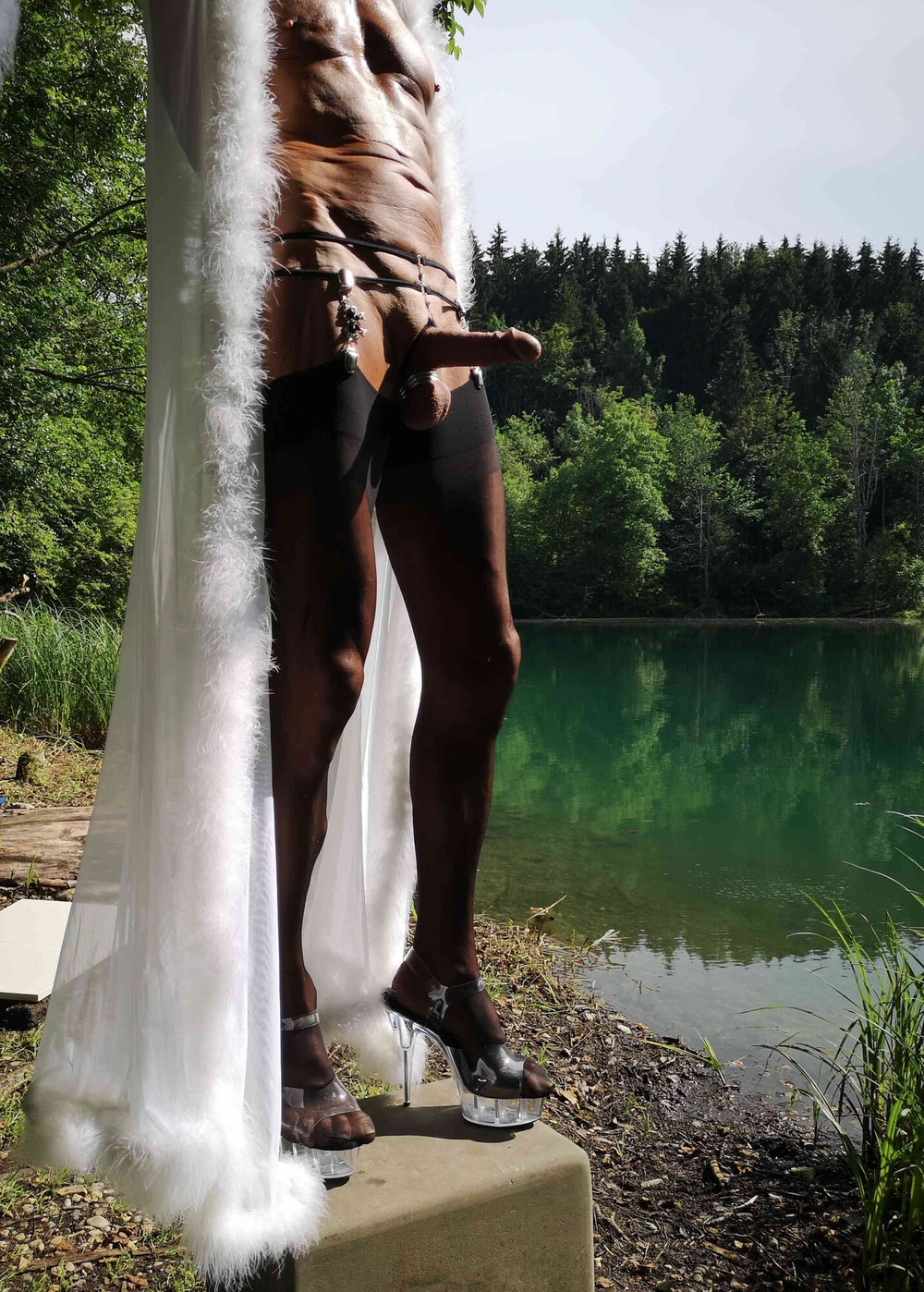 Boner and Marabou Negligee at public Nudist Lake #17