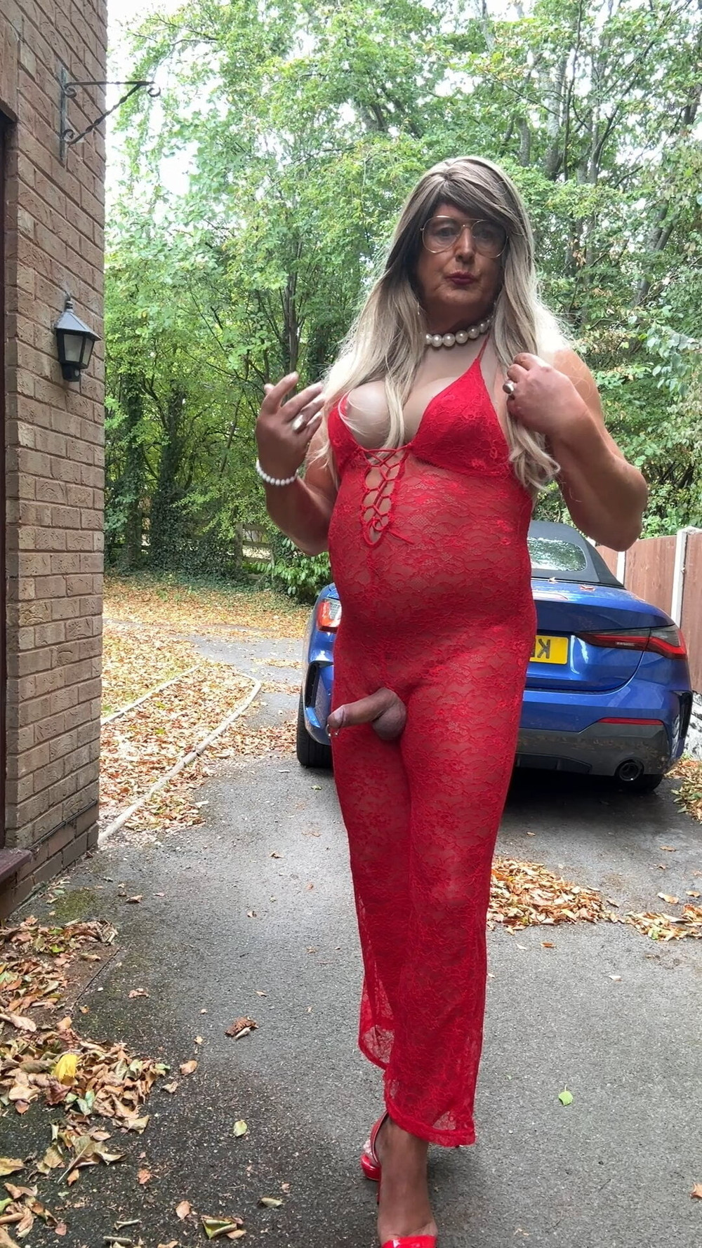 Sexy Crossdresser kellycd2022 in red lace jumpsuit and heels #33