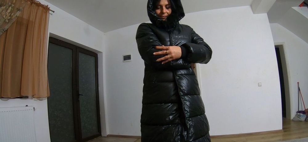 Cum play on my new long Black shiny and Puffy Jacket 184  #2