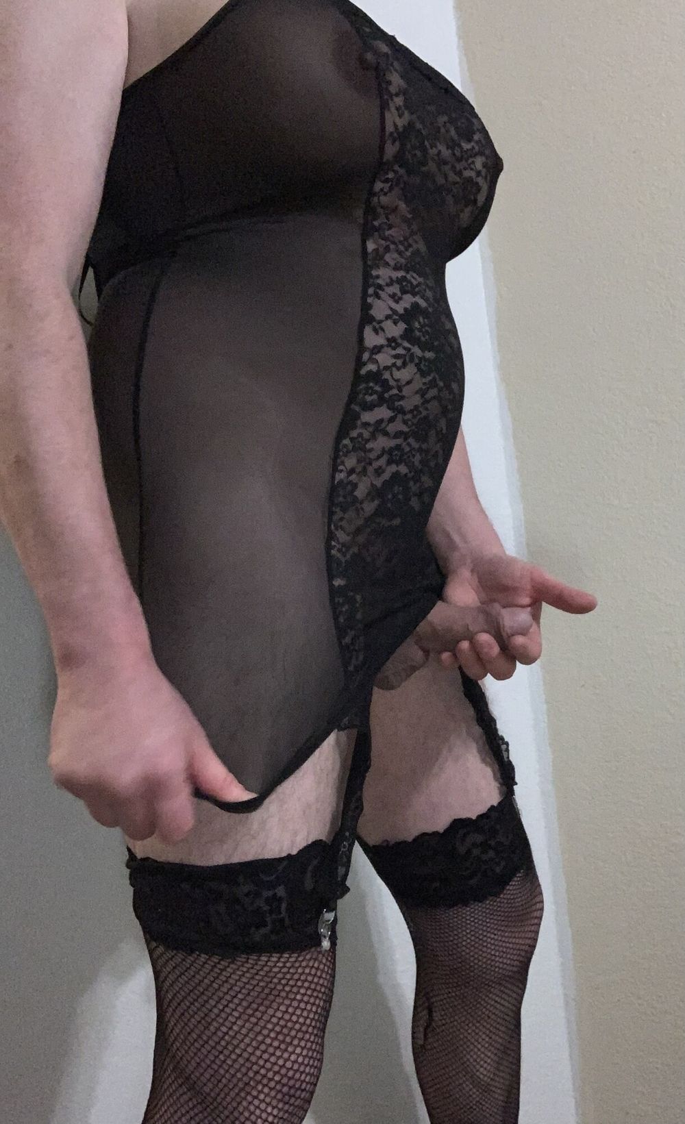 Black teddy with leggings and cock #7