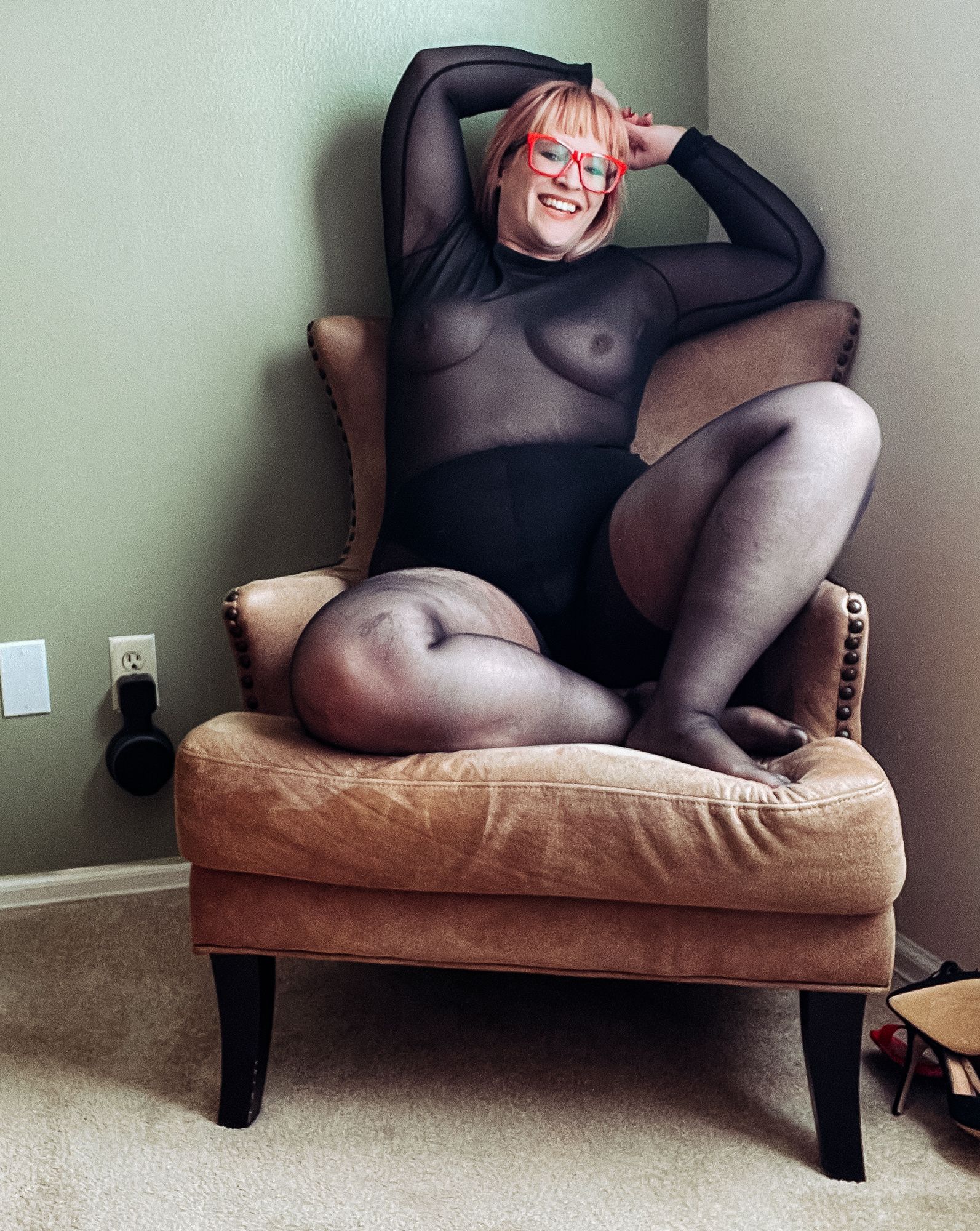 Gorgeous BBW in a black body suit see through Lace Sheer #23