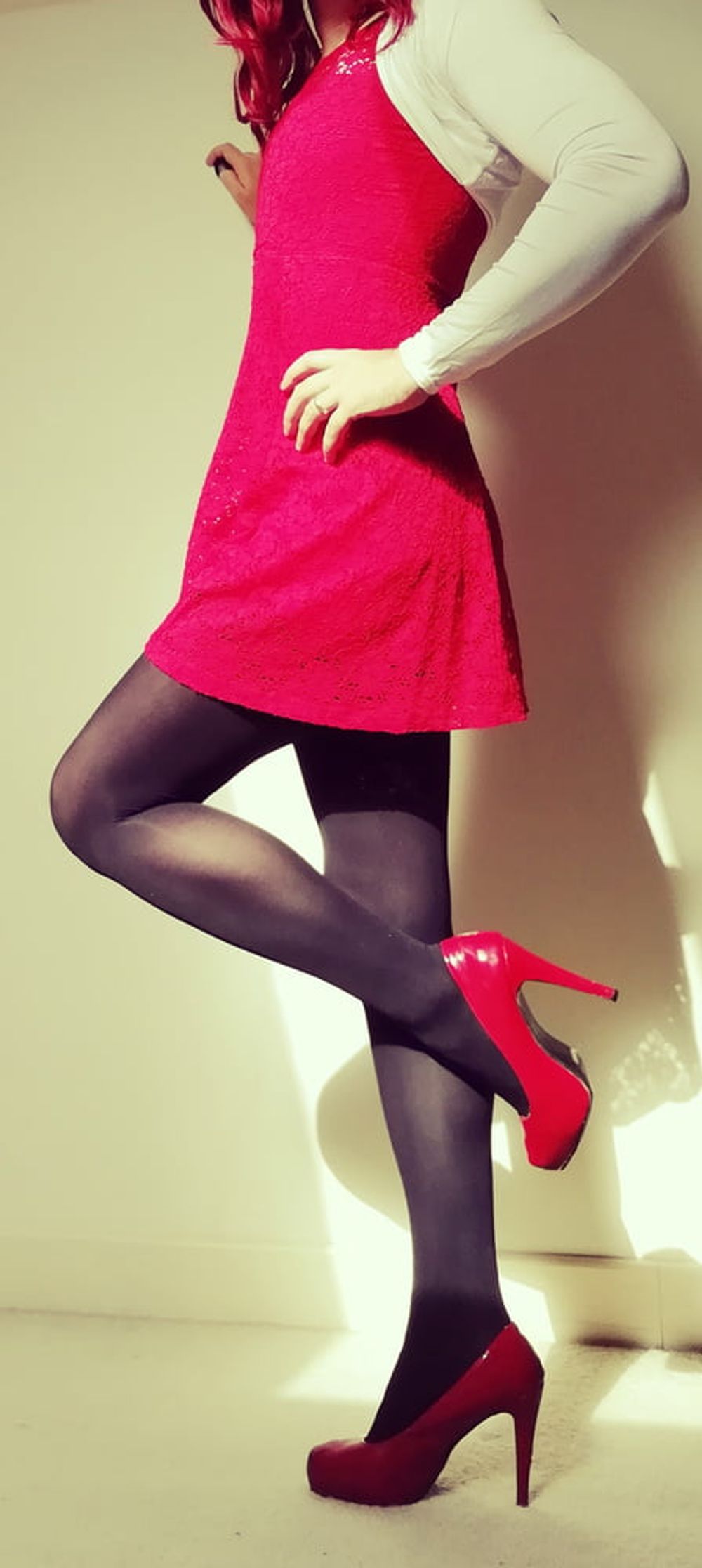 Marie crossdresser in red dress and opaque tights #21