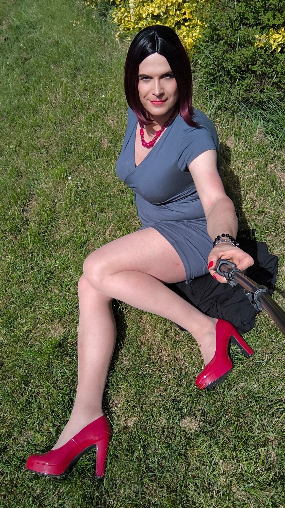 Blue dress and red pumps