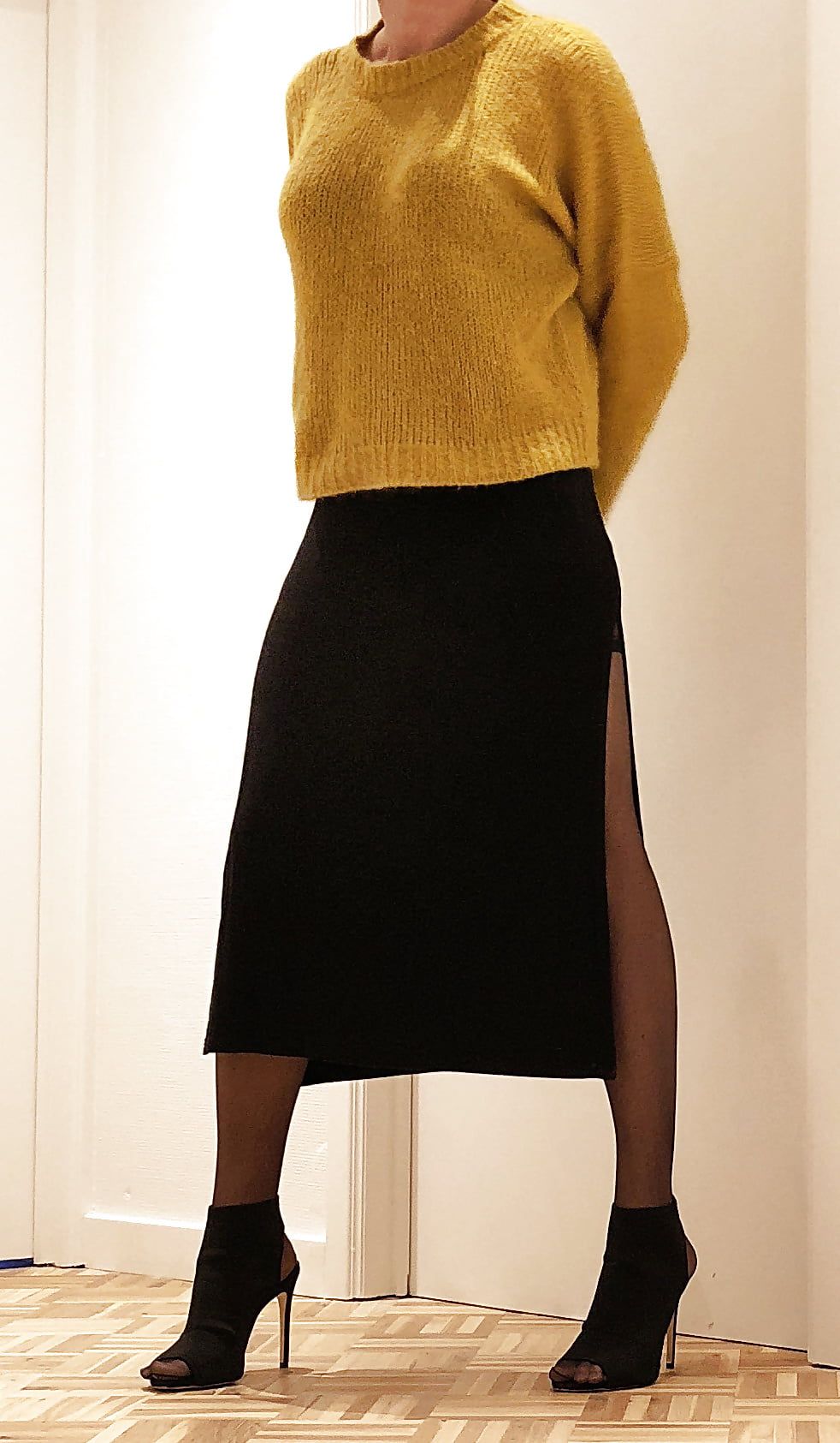 Mustard jumper, black skirt & stay up stockings #7
