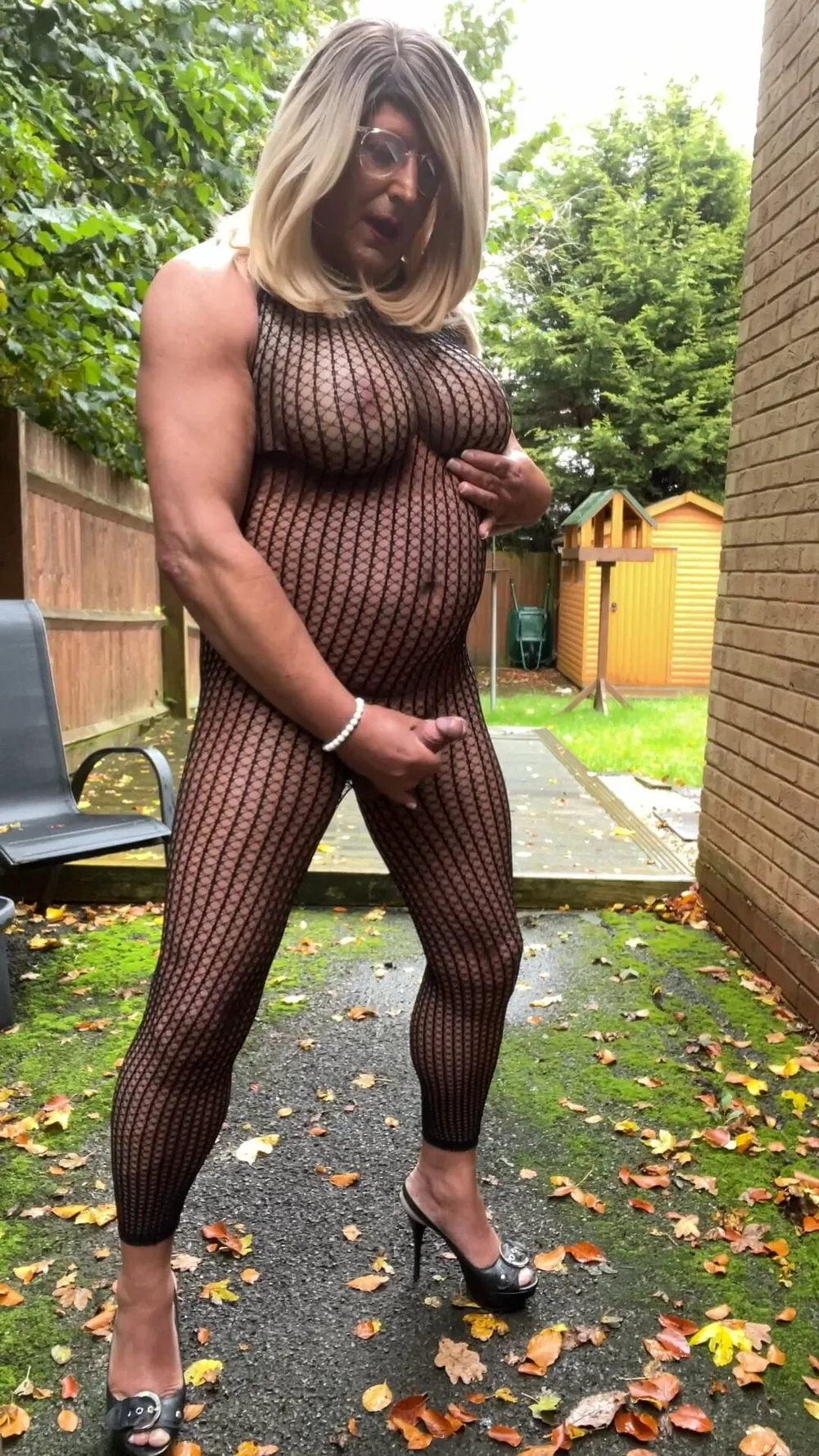 Crossdresser kellycd2022 in black fishnet catsuit and heels  #2