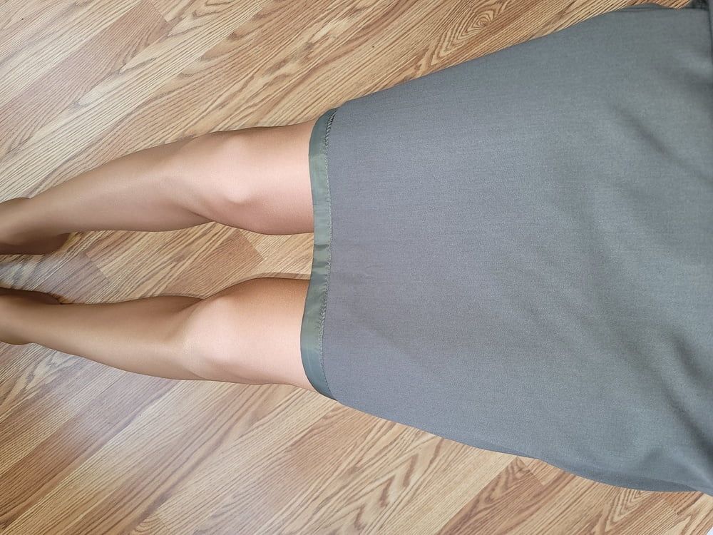 Lined green office pencil skirt with glossy pantyhose  #11