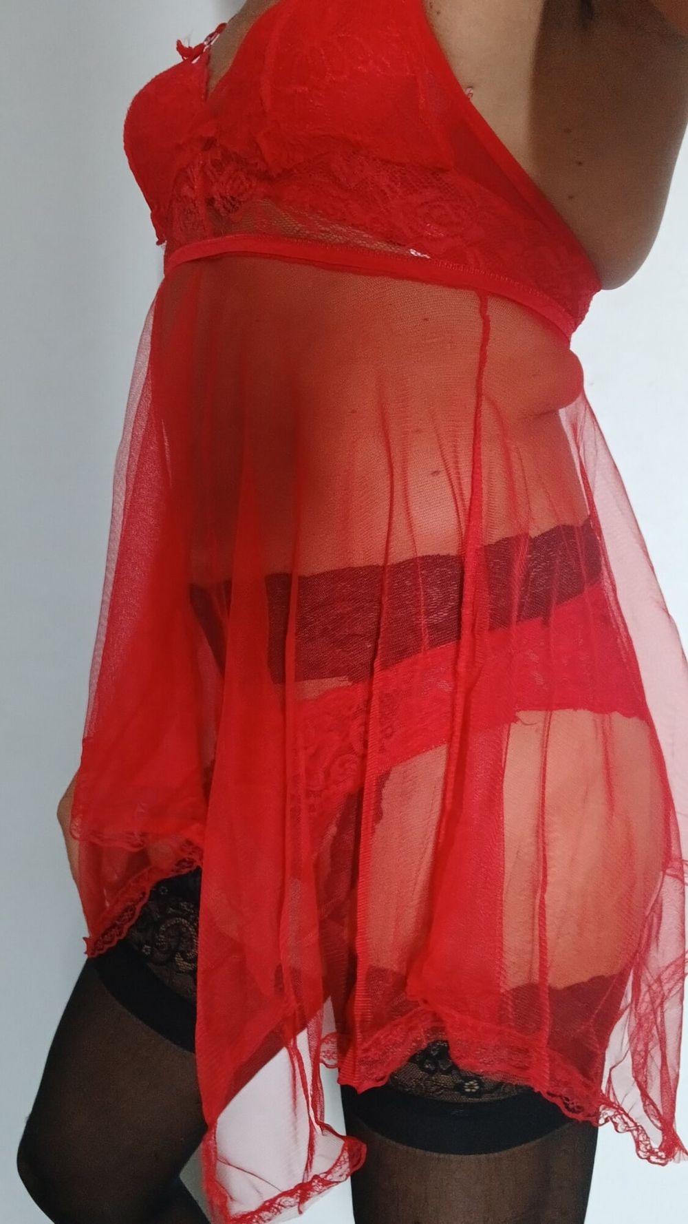 Red nightie black stoking high heels  #8