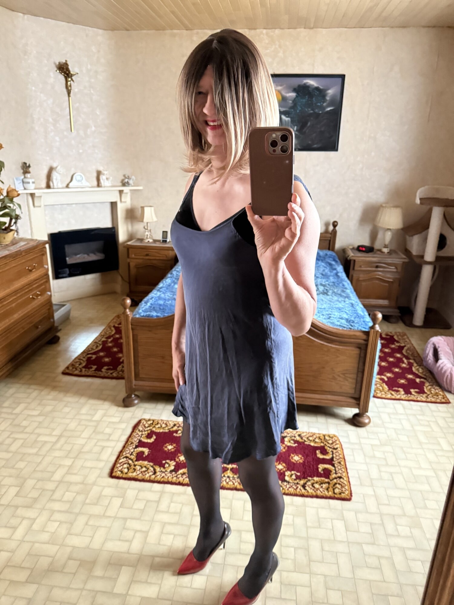 Evy finally as a blonde wearing a short blue nightgown #6
