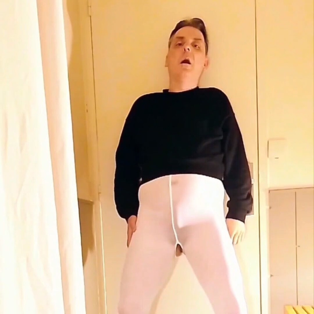 Cock stroking and anal play in white open pantyhose #17