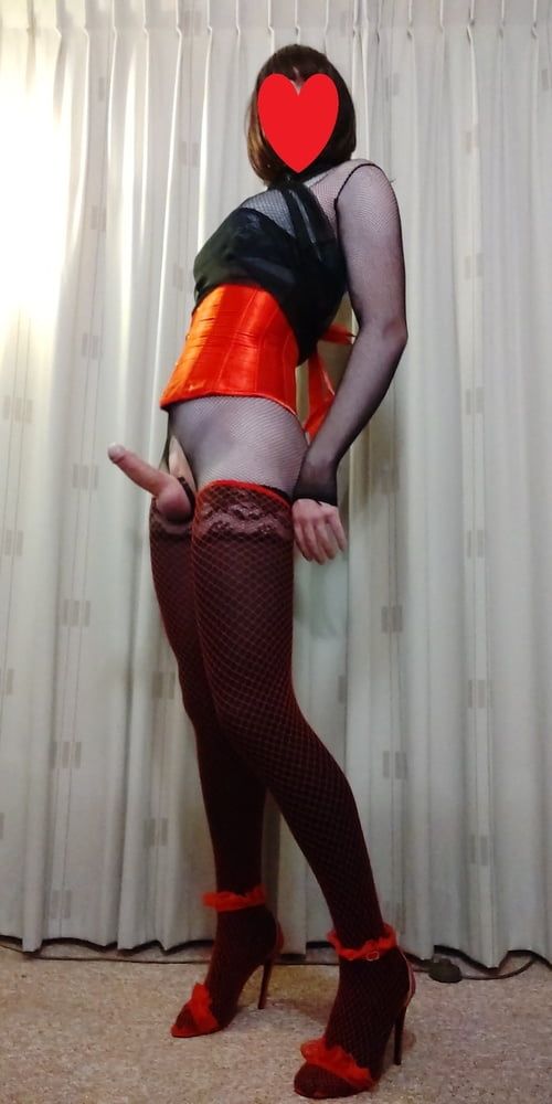 Got horny in fishnets and red corset #6