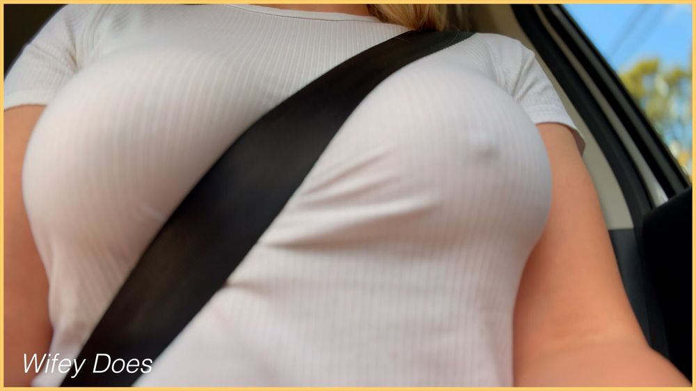 Wifey with perfect braless tits flashing in the car #25