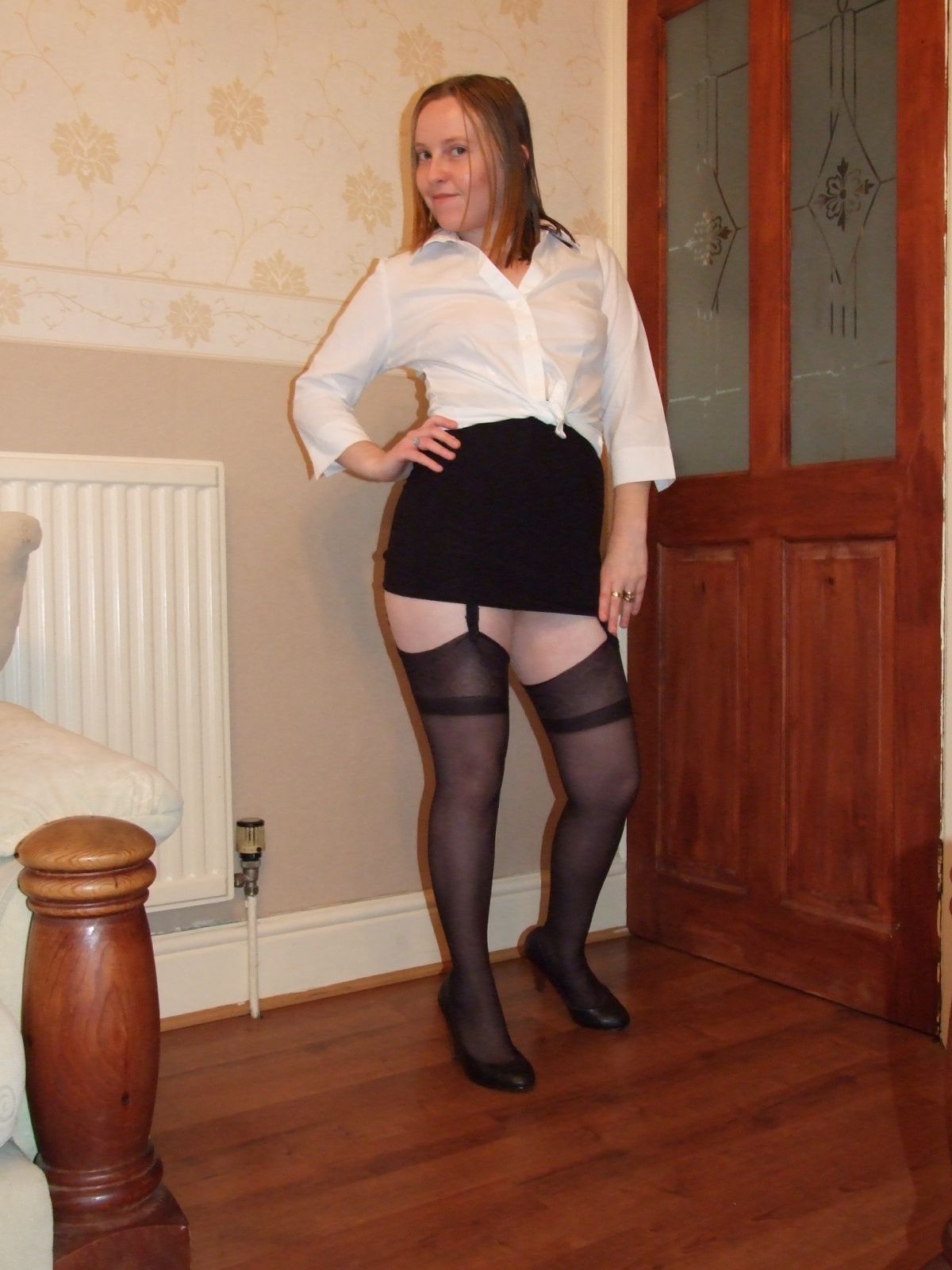 Secretary in heels miniskirt stockings and suspenders  #2