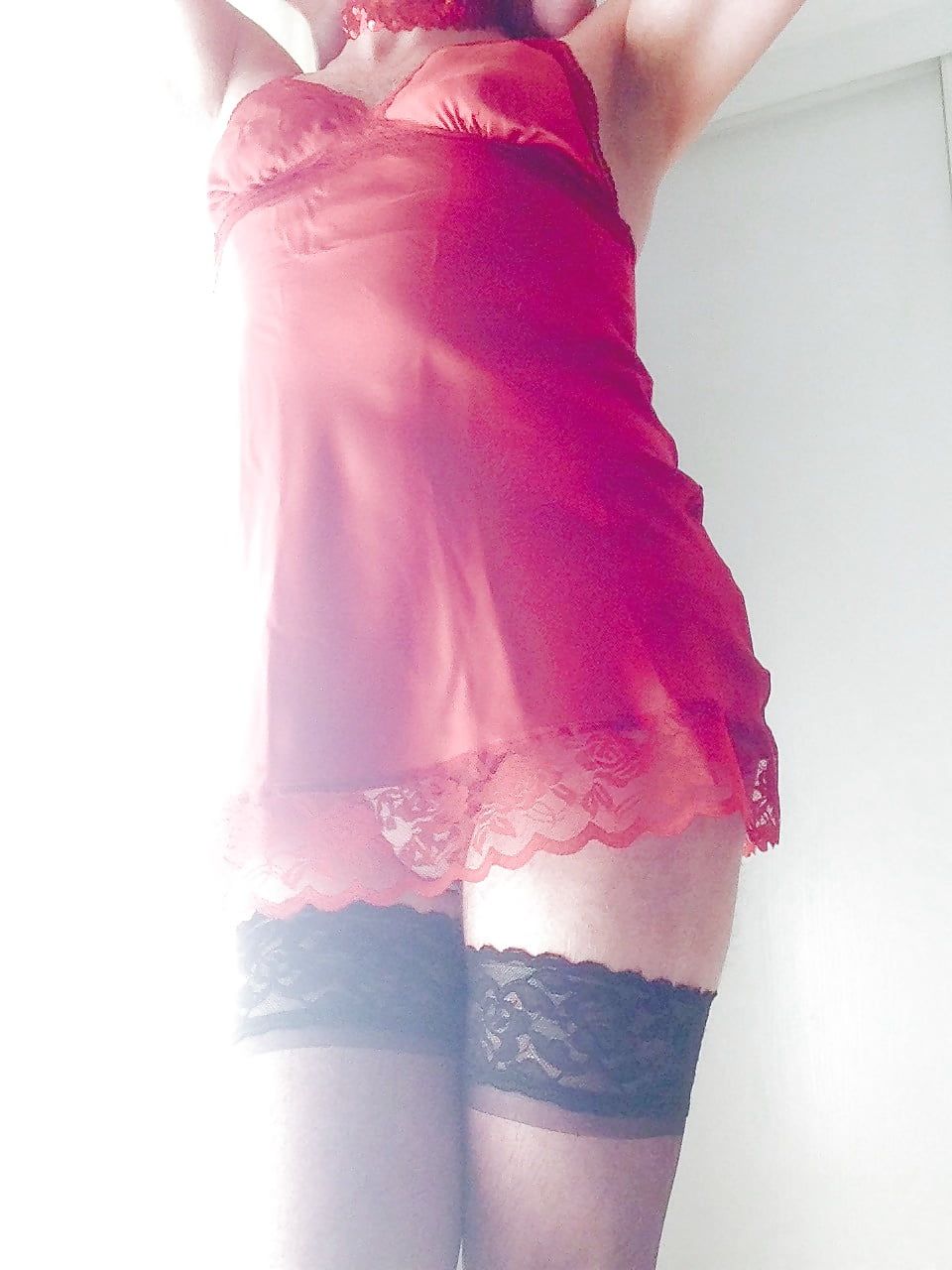 New sexy red satin lingerie and black stockings 