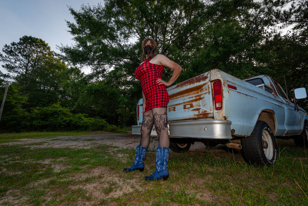 Jon Scarecrow Big Fake tits Crossdresser in Snug Plaid Dress #10
