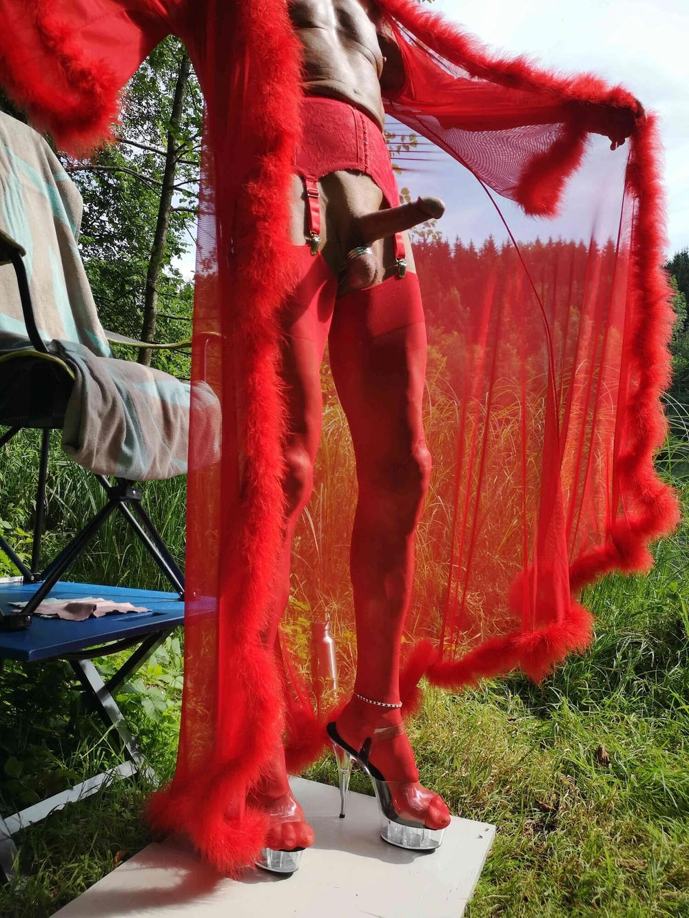 Crossdresser in red Lingerie at public Nudist Lake #13