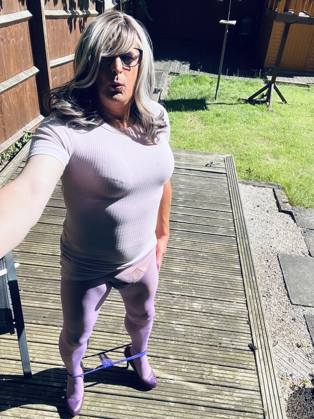 Crossdresser Kellycd in lilac dress and seamless pantyhose  #40