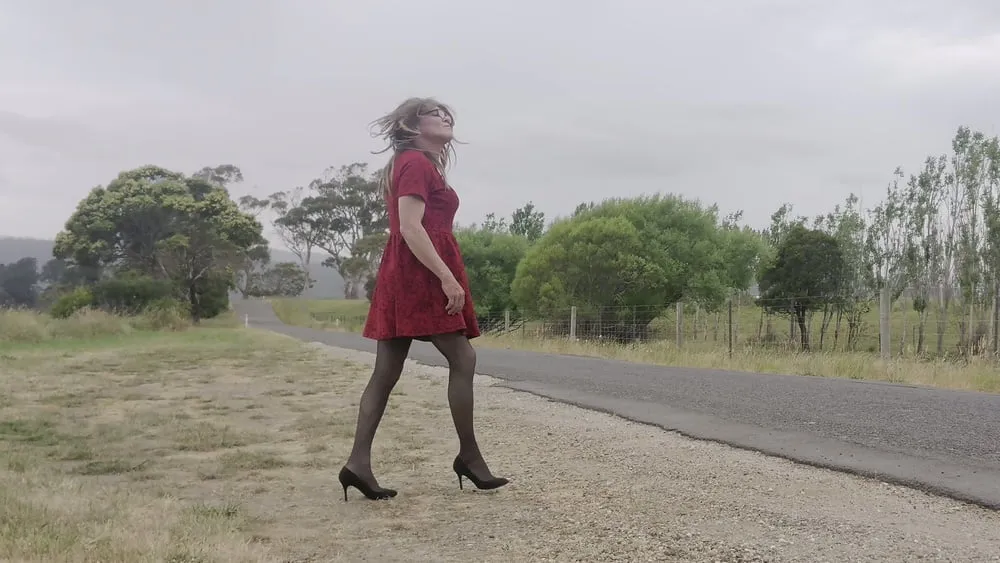 Crossdress road trip red dress #13