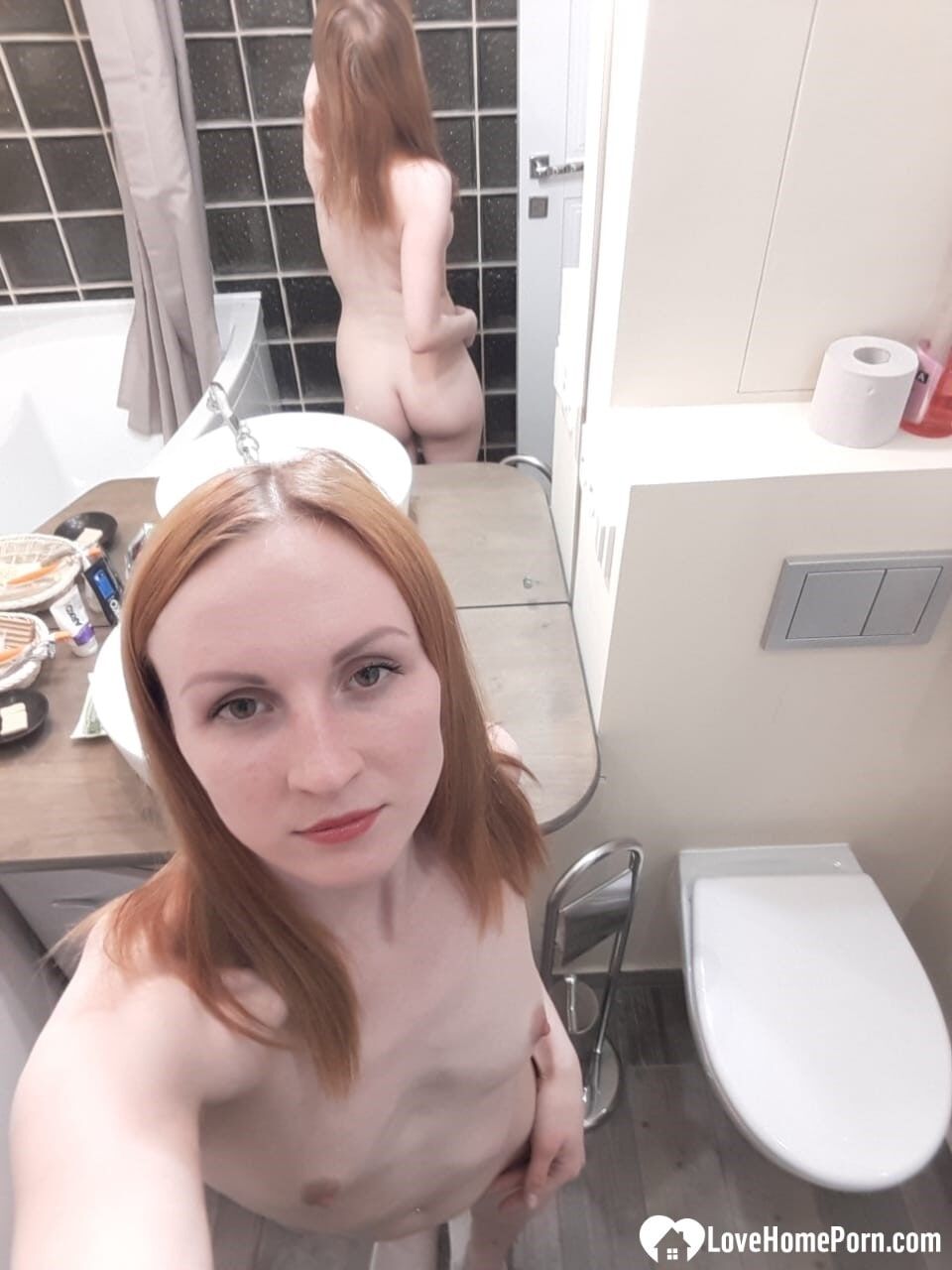 Skinny redhead girl posing in her bathroom naked #28
