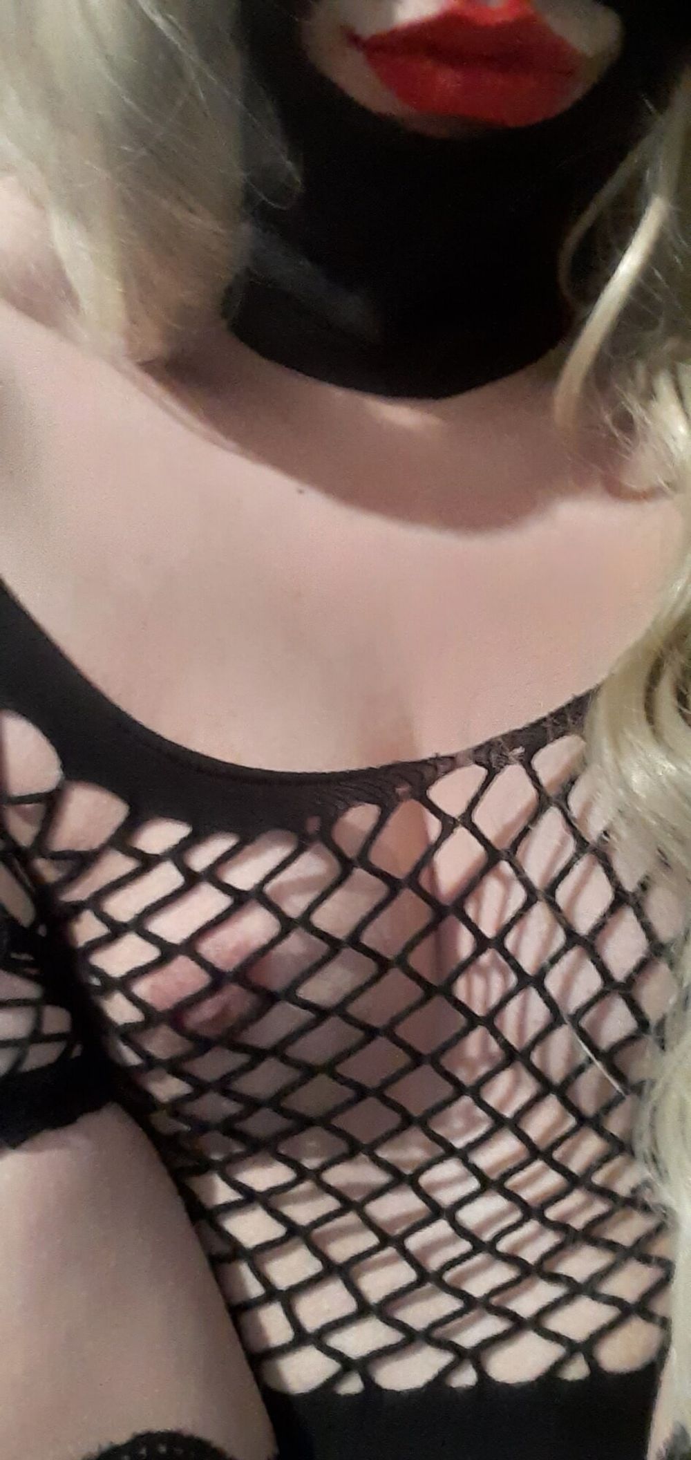 Blonde Crossdresser Sissy Tits in Black  #4