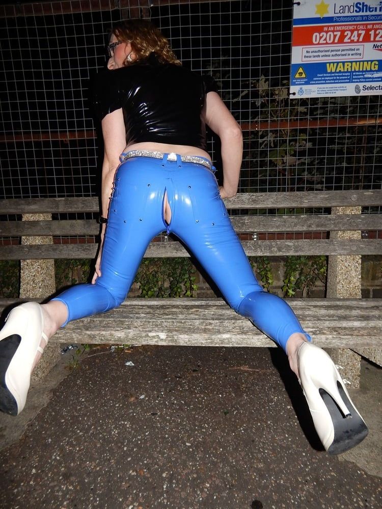 Public Flashing in Blue Latex Jeans and Black Latex Top #11