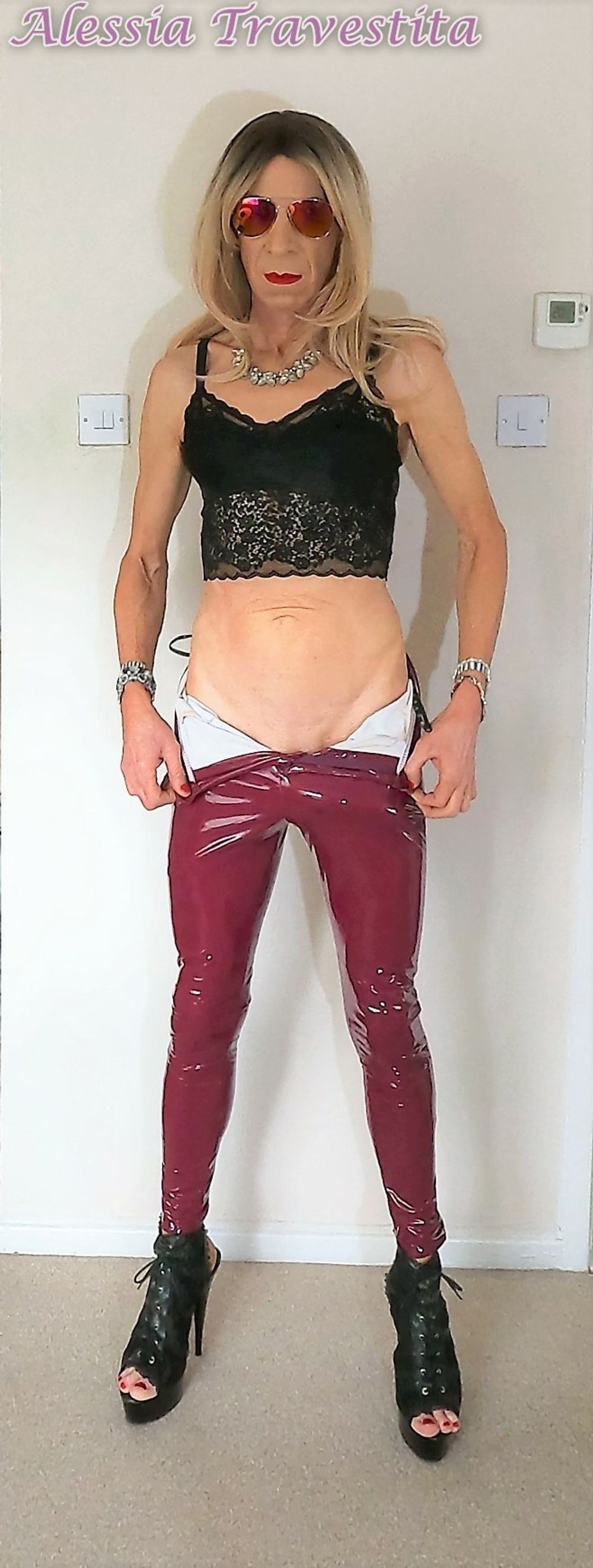 76 Alessia Travestita in Burgundy PVC Jeans #9