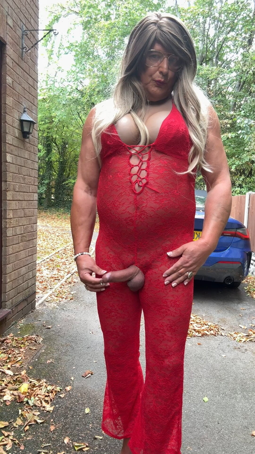 Sexy Crossdresser kellycd2022 in red lace jumpsuit and heels #41