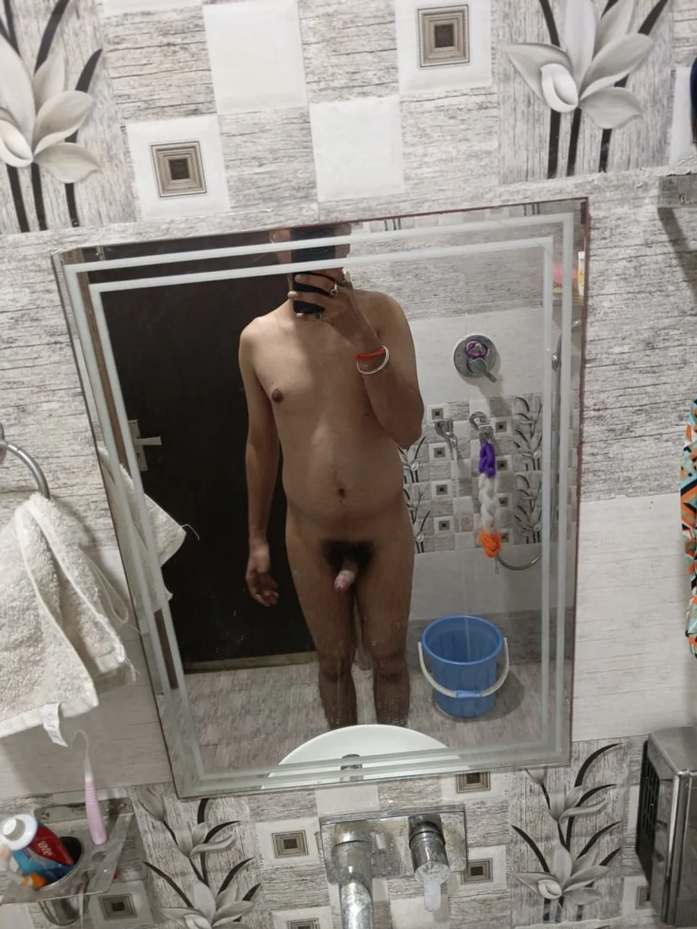 Nude boy having fun in bathroom  #6