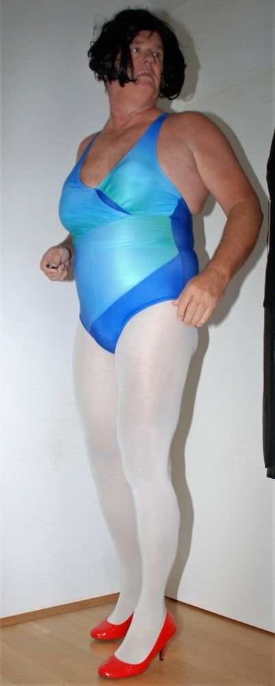 Swimsuite blue with tights white #3