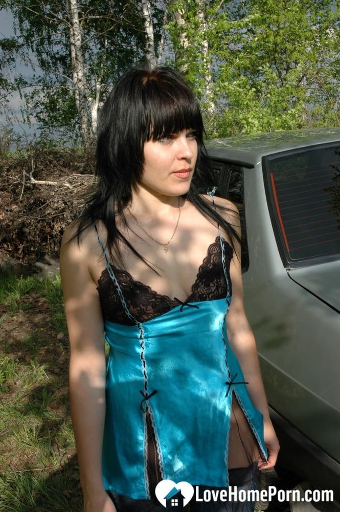 Lusty mom in lingerie posing in the woods #5